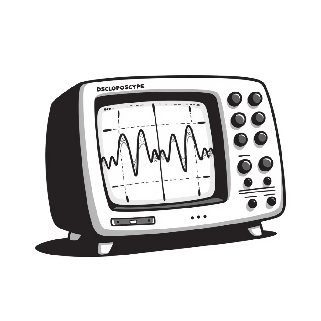 A hand-drawn oscilloscope with signal wave patterns on the screen sticker