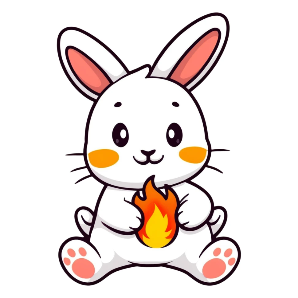 Adorable bunny with fire paws, flames burning from feet, cute happy face sticker
