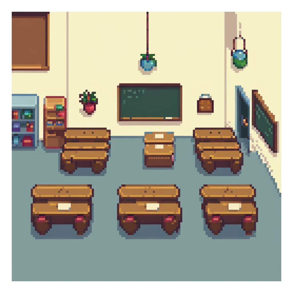 classroom with a group of students interacting in pixel art style sticker