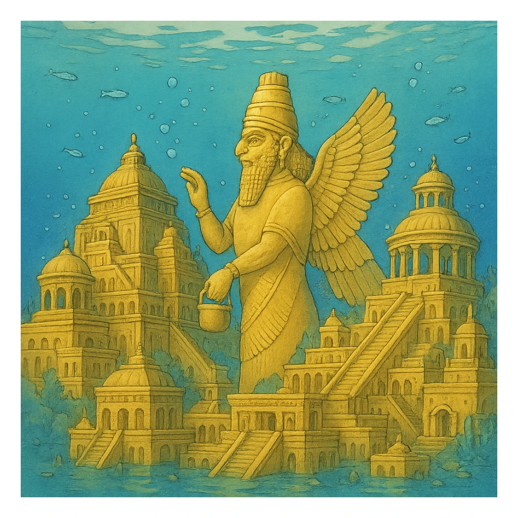 ghibli style golden Anunnaki underwater base sticker