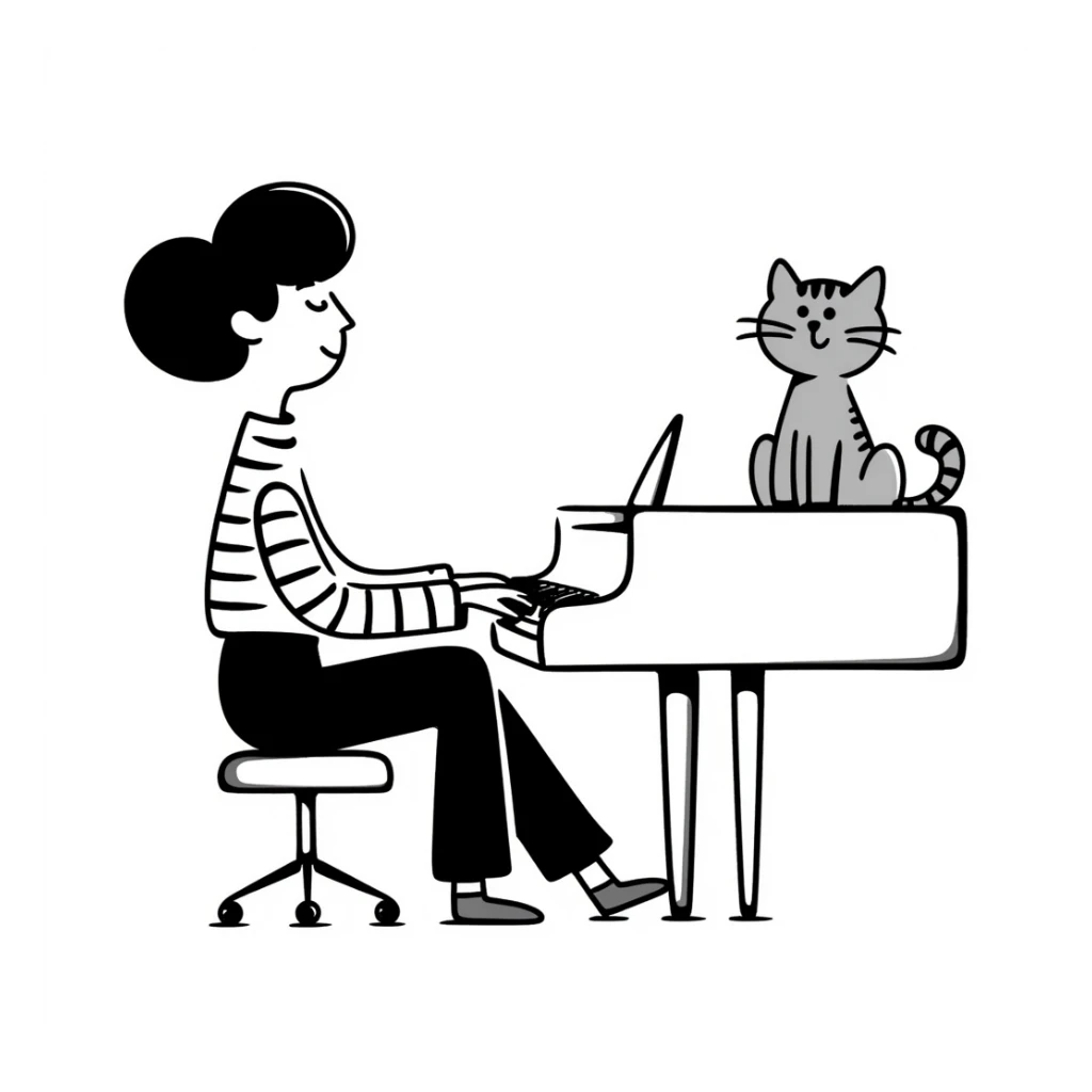 woman playing piano while her cat sits on top of the piano sticker