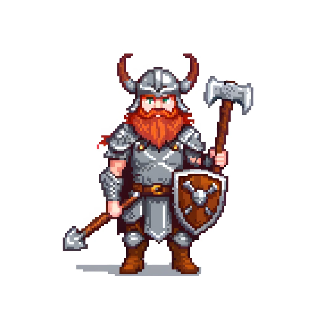 ginger viking warrior with red beard, horned helmet and metal armor, battle axe sticker