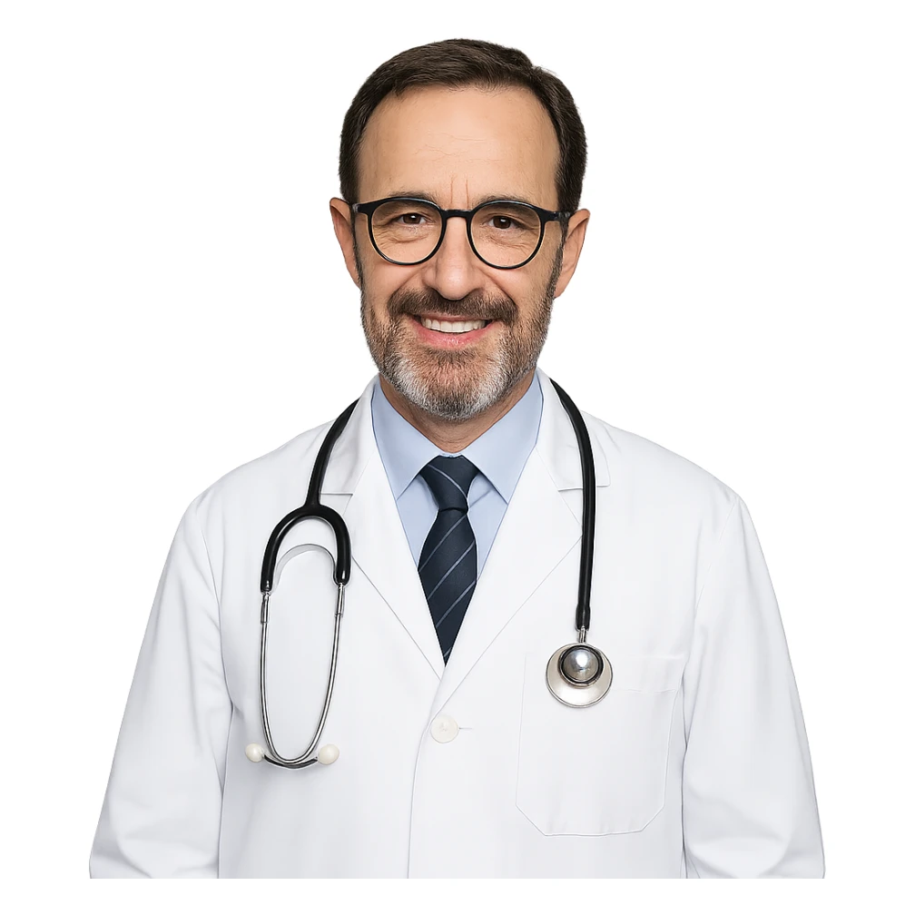doctor, male, glasses, with a stethoscope around neck sticker