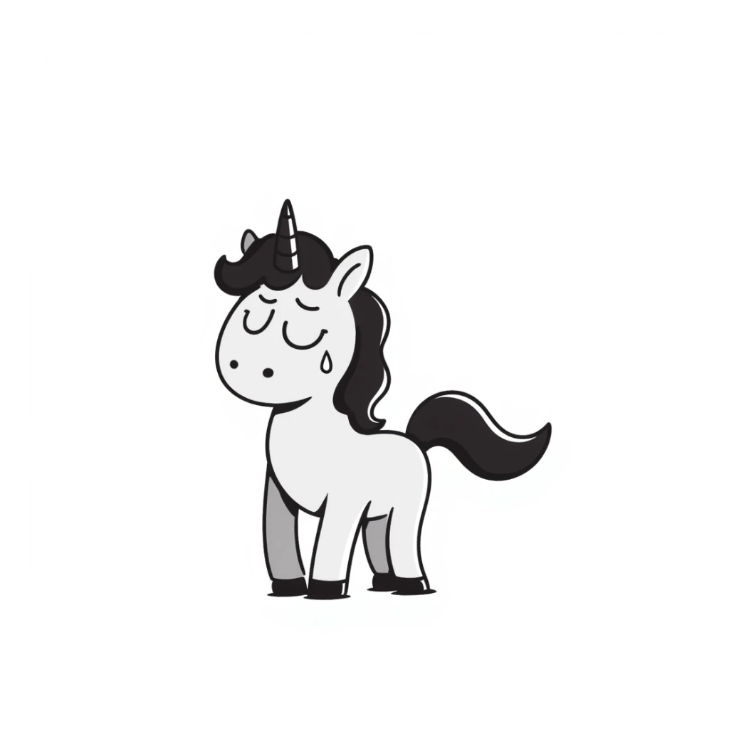a sad unicorn with a single tear, hand drawn doodle style sticker