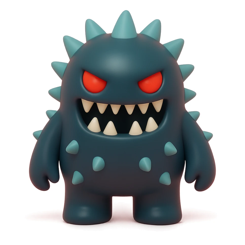 scary monster with sharp teeth, glowing red eyes, spiky body, dark color palette, toy-like vinyl figure style sticker