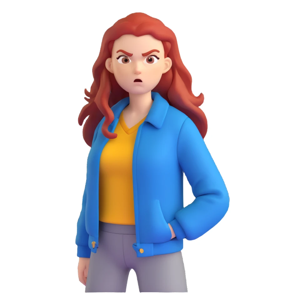 Redhead girl with long hair in blue jacket looking angry sticker