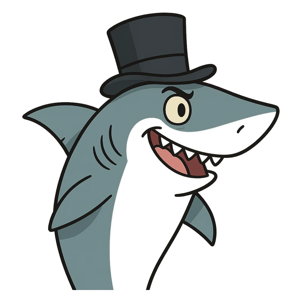 shark with a top hat, cartoon style, flat toon sticker