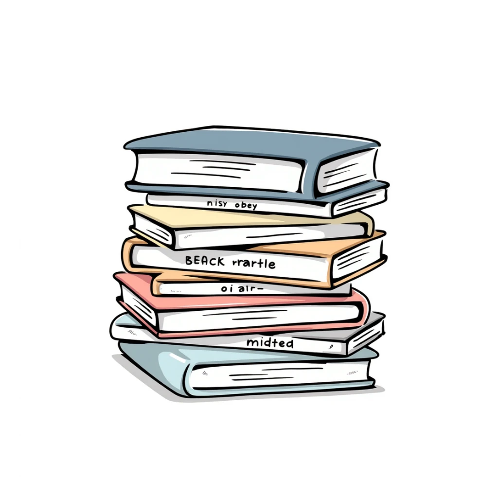 a stack of books with visible covers and spines, in pastel colors dd9fb0, ffc6d3, a3bfc9, c4bee2, f1b091, detailed hand-drawn doodle style sticker