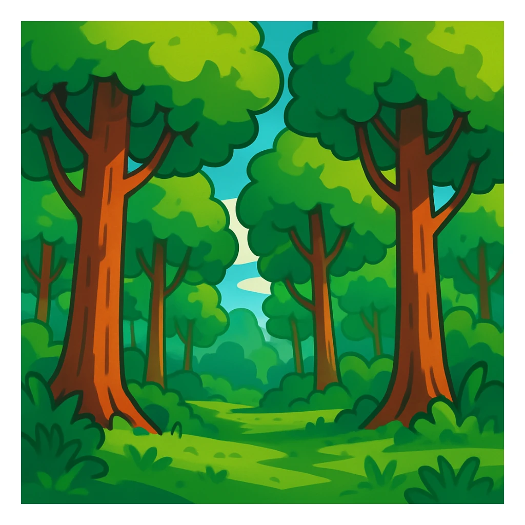 lush green forest with tall trees, vibrant cartoon style sticker