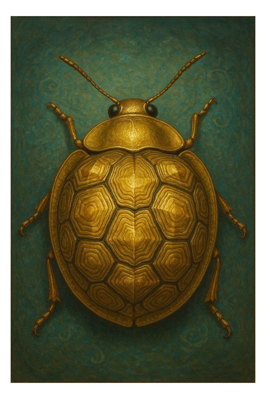 Golden Tortoise Beetle with a tortoise shell-like carapace, unique and surreal art style, intricate details, vibrant gold hues, surreal and imaginative design sticker