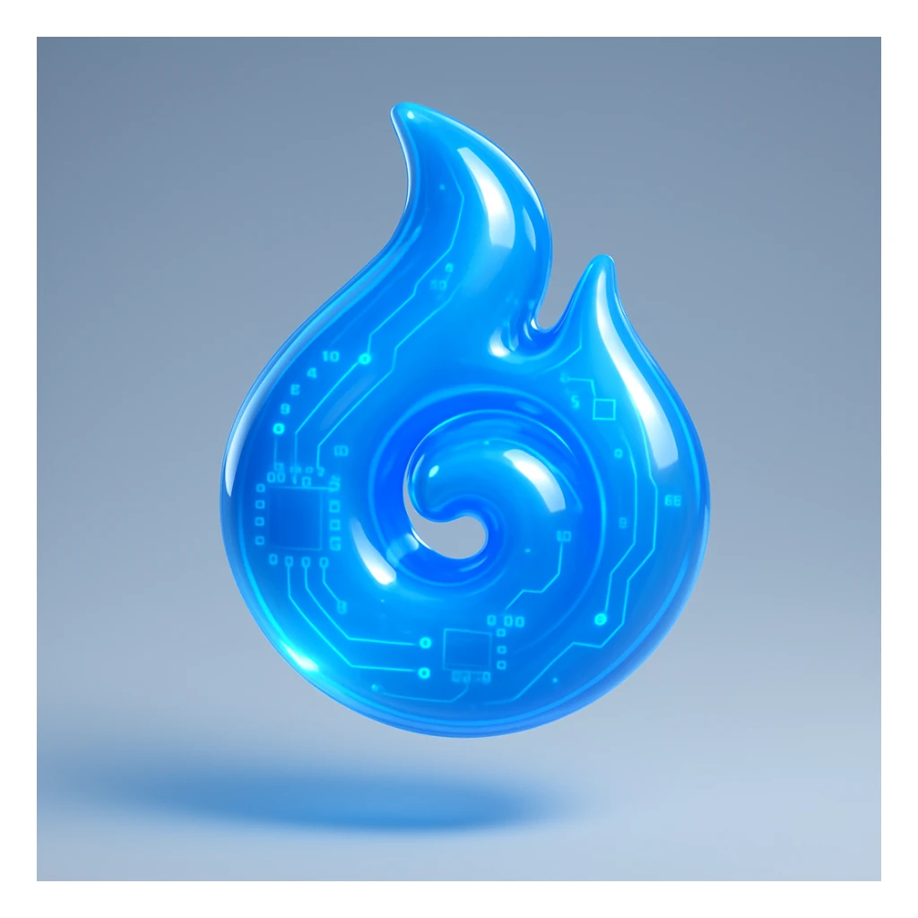 a blue flame spiraling emoji in a glowing, glossy circuit style design sticker
