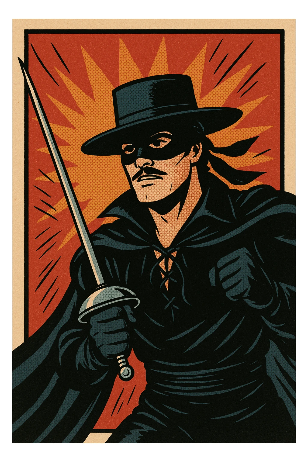 Zorro, masked hero with a sword, in a dramatic pose, classic comic book style sticker
