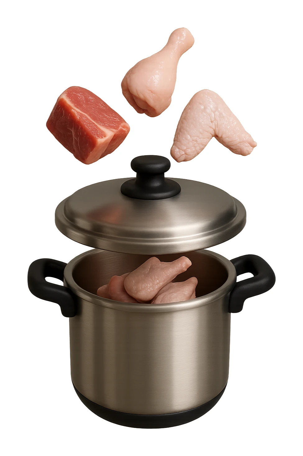 emoji stile iphone in 3d di una pentola a pressione dentro cui cadono agnello, pollo e tacchino crudi da cuocere, iperrealistico 4k sticker