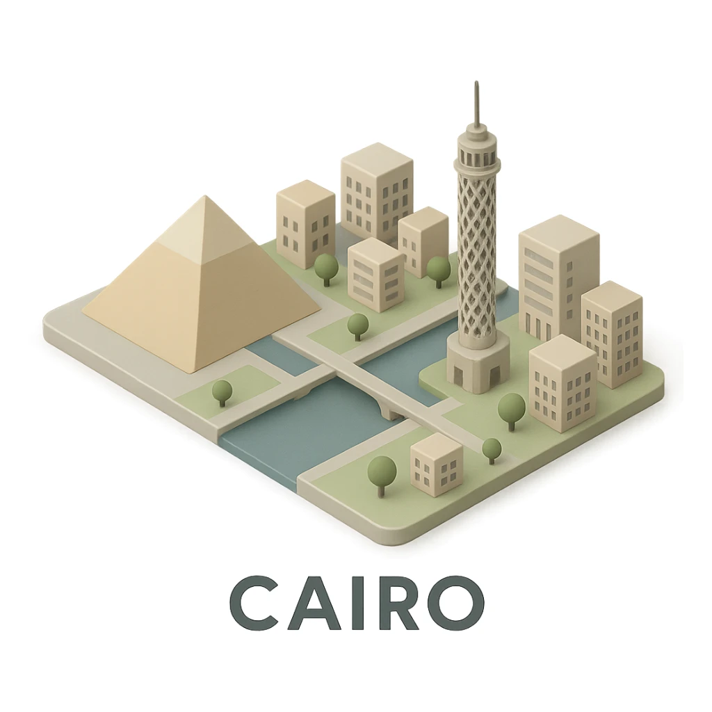Isometric minimalistic illustration of Cairo, subtle 3D miniature effect and Tilt Shift effect, no cartoonish look, transparent background. sticker