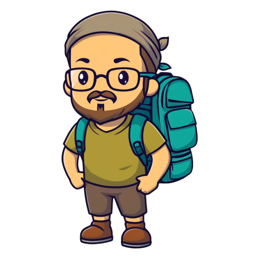 adventurer with goatee beard (no beard on cheeks), short hair, glasses, bandana on head and backpack sticker