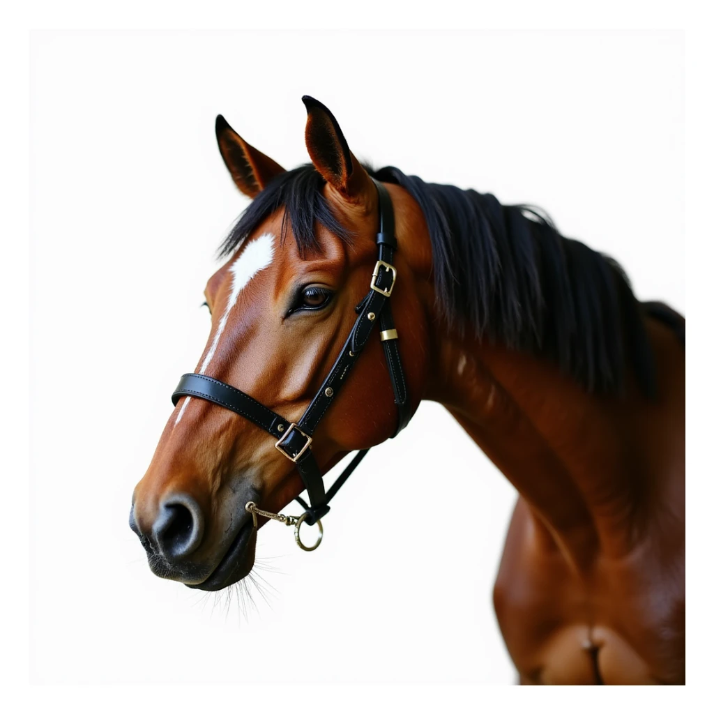 Hermès-style horse head with elegant leather harness, luxury, photorealistic, white background sticker