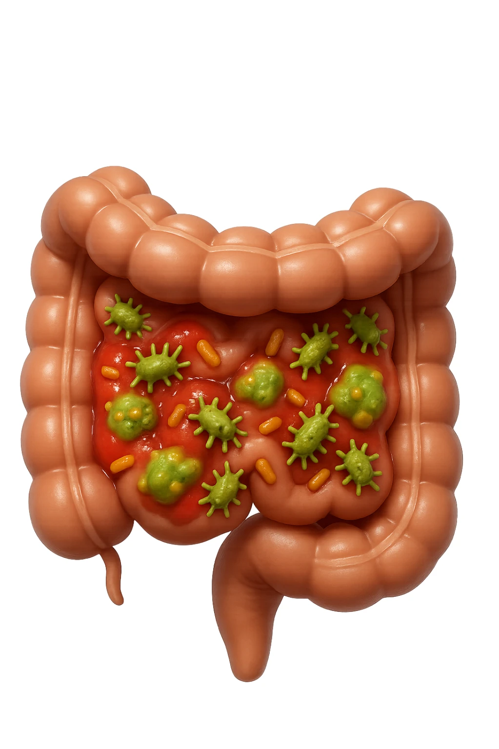 emoji stile iphone in 3d di intestino realistico con infezione e batteri dentro, iperrealistico 4k sticker