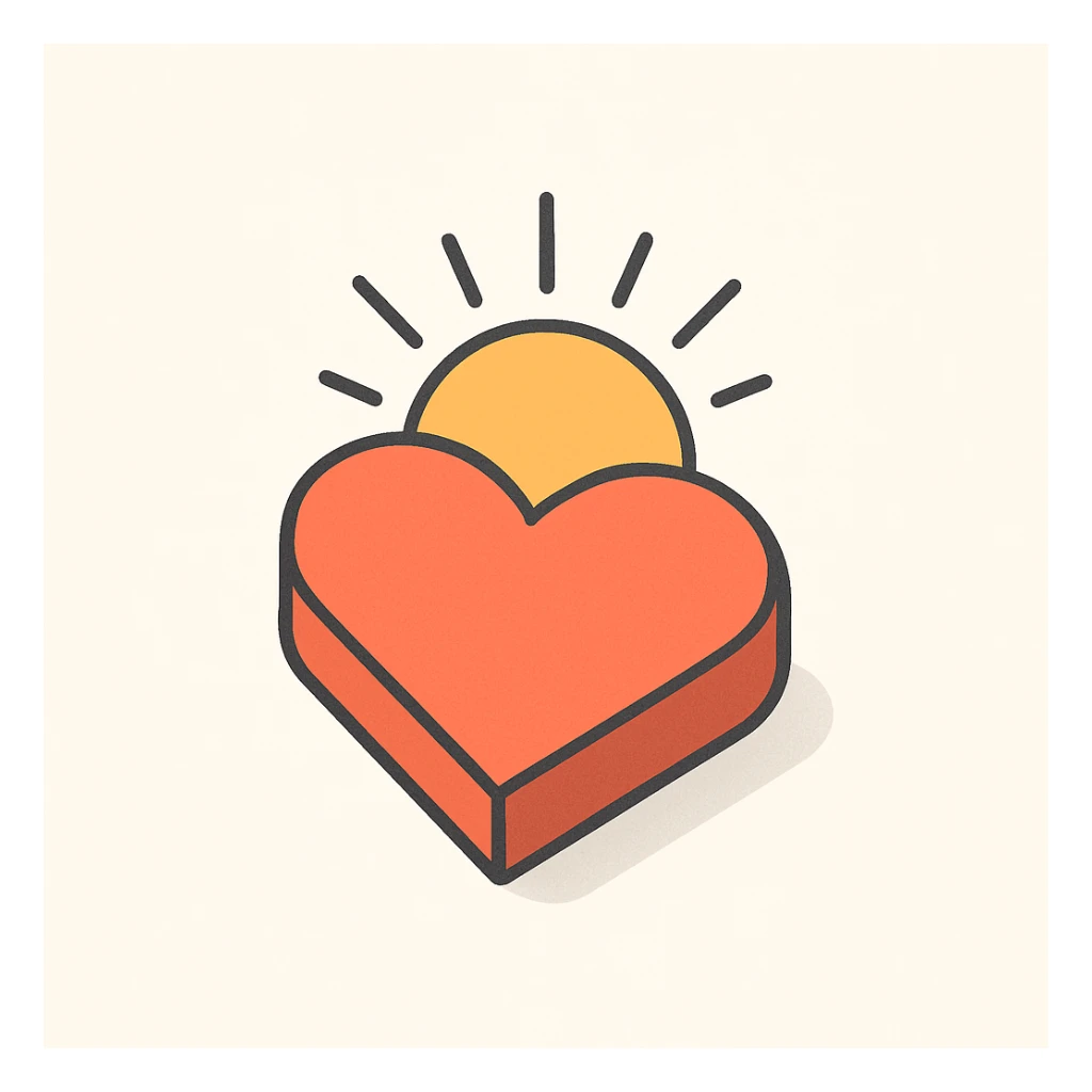 heart with a sunbeam, symbolizing inner light and hope, simple form, clear shadows and highlights, 2D isometric style sticker