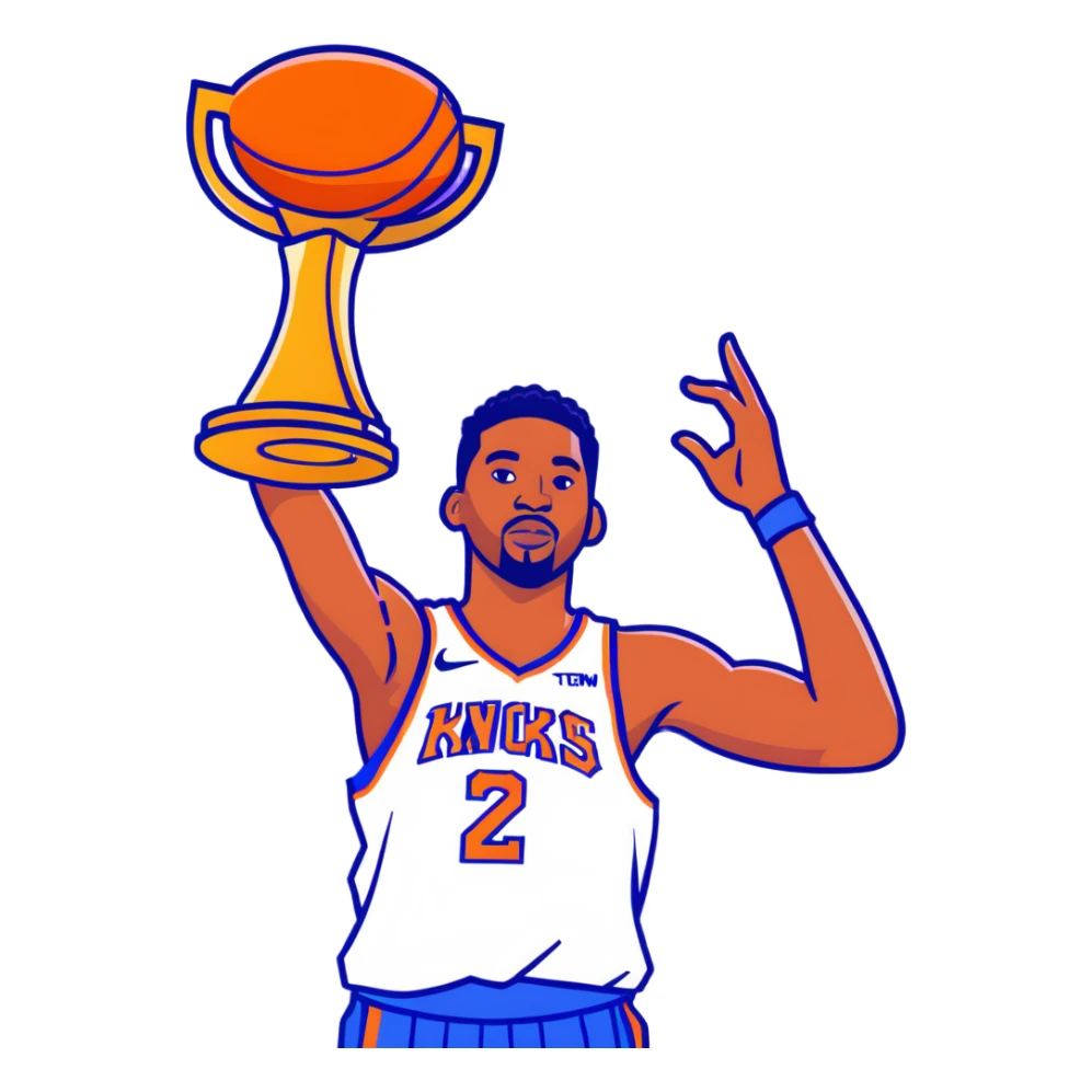 New York Knicks basketball player celebrating with NBA championship trophy, confetti, blue and orange sticker