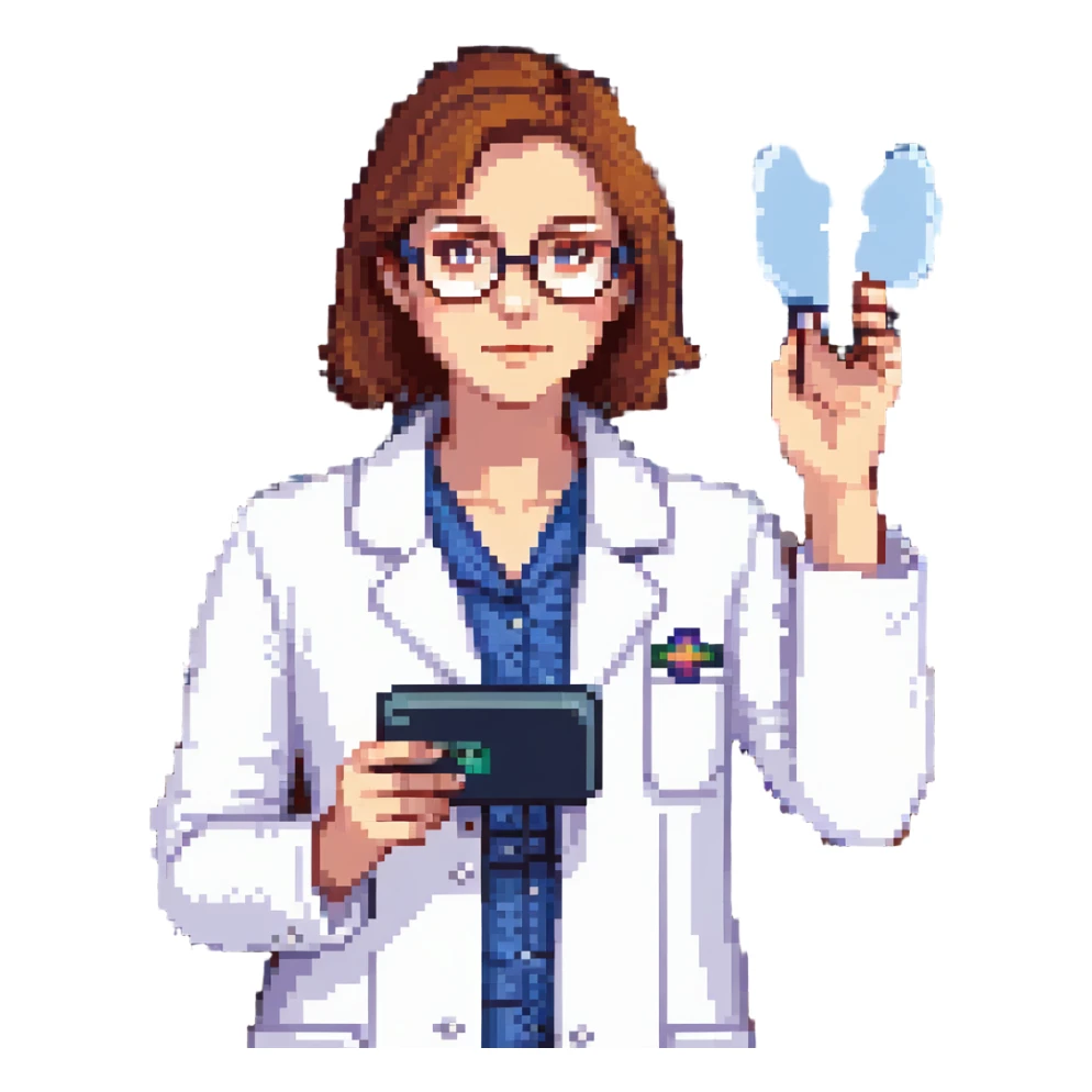 Flat pixel art, a female chemist, wearing glasses, white lab coat over indigo shirt, focusing on lab experiment, holding a flash in her right hand, waist-up, front-facing sticker