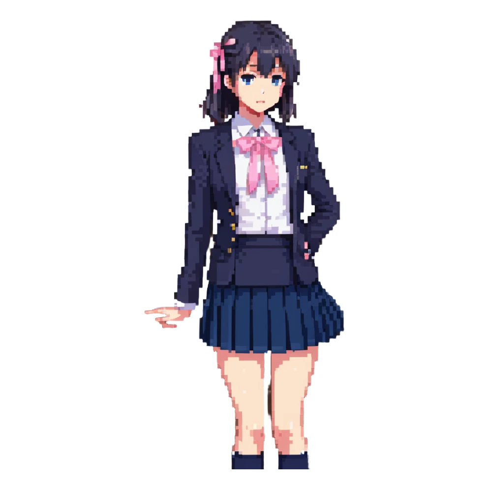 Japanese anime schoolgirl in a navy blazer, white blouse with pink ribbon, navy pleated skirt, standing in a classroom at sunset with orange glow and long shadows, one desk pulled out, black shoes, looking toward window, mood of absence and longing sticker