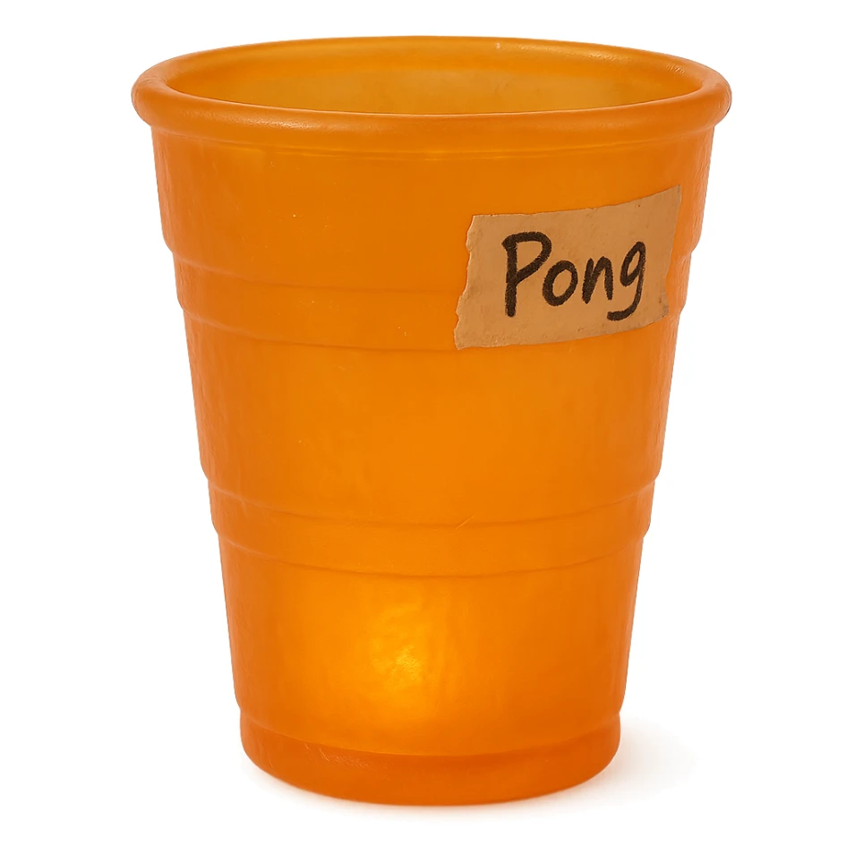 hyper-realistic, highly detailed clear-transparent orange solo plastic cup with soft, flat plastic texture reminiscent of a 90's toy, soft reflections, slightly squishy and cloudy appearance, not shiny, clear orange body glowing slightly, high-quality retro gummy look, piece of tape on the side with 'Pong' written in sharp, messy handwriting, hyper-realistic, retro, visually stunning, no background sticker
