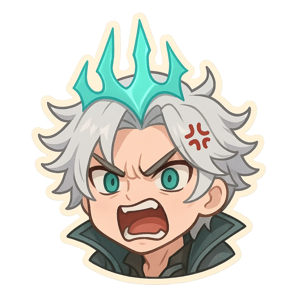 Viego from League of Legends, chibi style emote, only head, furious expression sticker