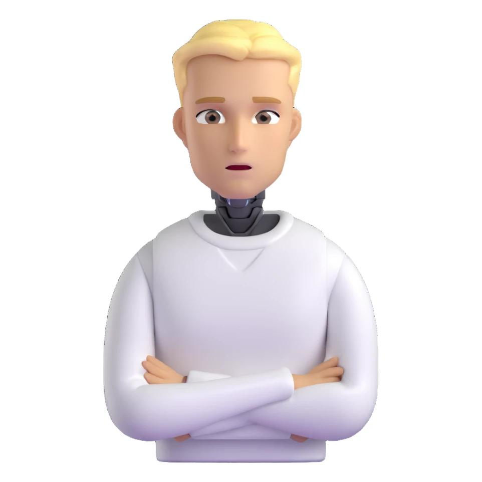 Minimalist male robot with blond hair, sharp jawline, intense eyes, white sweater, AI assistant sticker