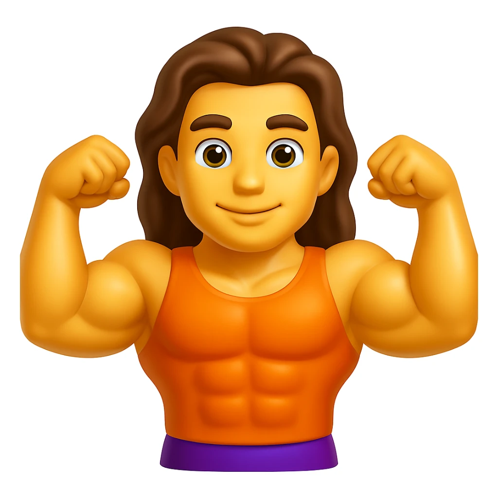 Create an emoji that looks exactly like the reference image in iOS emoji style. The emoji should have 3D appearance, shiny surface, smooth gradients, soft shadows, a muscular body, an expressive face, and hair. Maintain the iOS emoji style characteristics. sticker