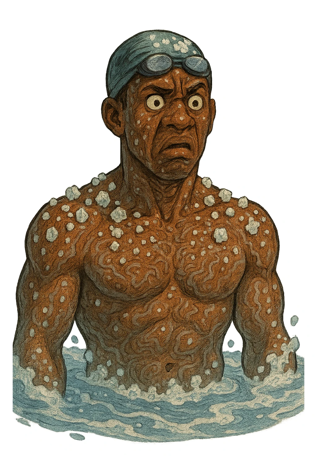 Африканский пловец в чуть рисованном объемном стиле, его тело в кристаллах и разводах соли, лицо недовольно удивленное, прозрачный фон sticker