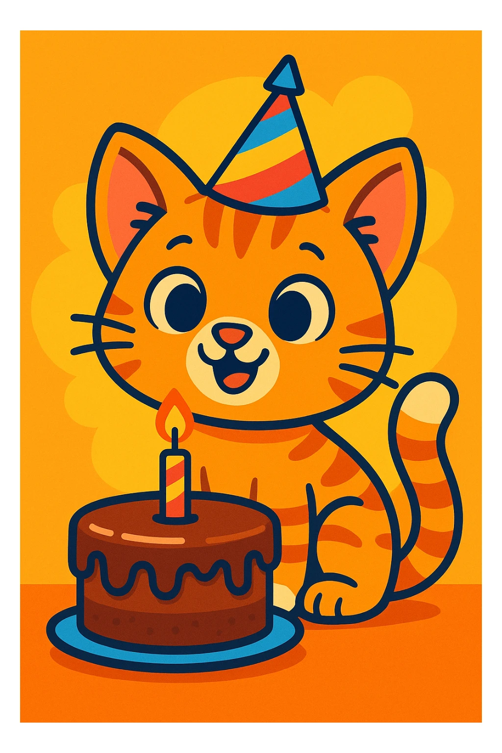 colorful cartoon style animated kitten wearing a party hat with a chocolate cake sticker