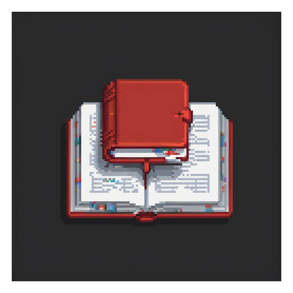 pixel art of a floating red book, opened, on a dark background sticker