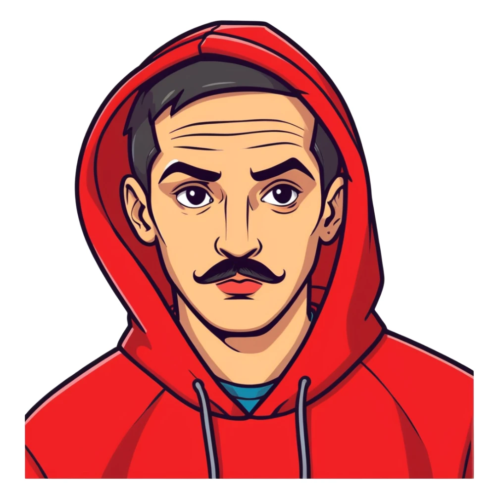 Man with thick eyebrows slit on the right with a long nose, then lips, small mustache earrings, red hoodie with graffiti sticker