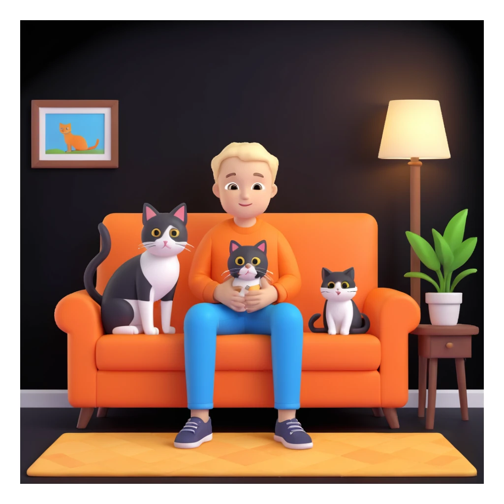 boy and cat pet, living room background sticker