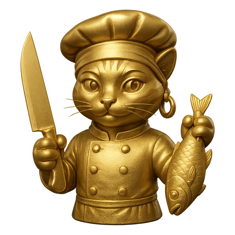Add a single large gold earring to one ear, and make the cat chef hold a knife in one paw and a fish in the other. Keep the bandana and chef look, with no background. sticker