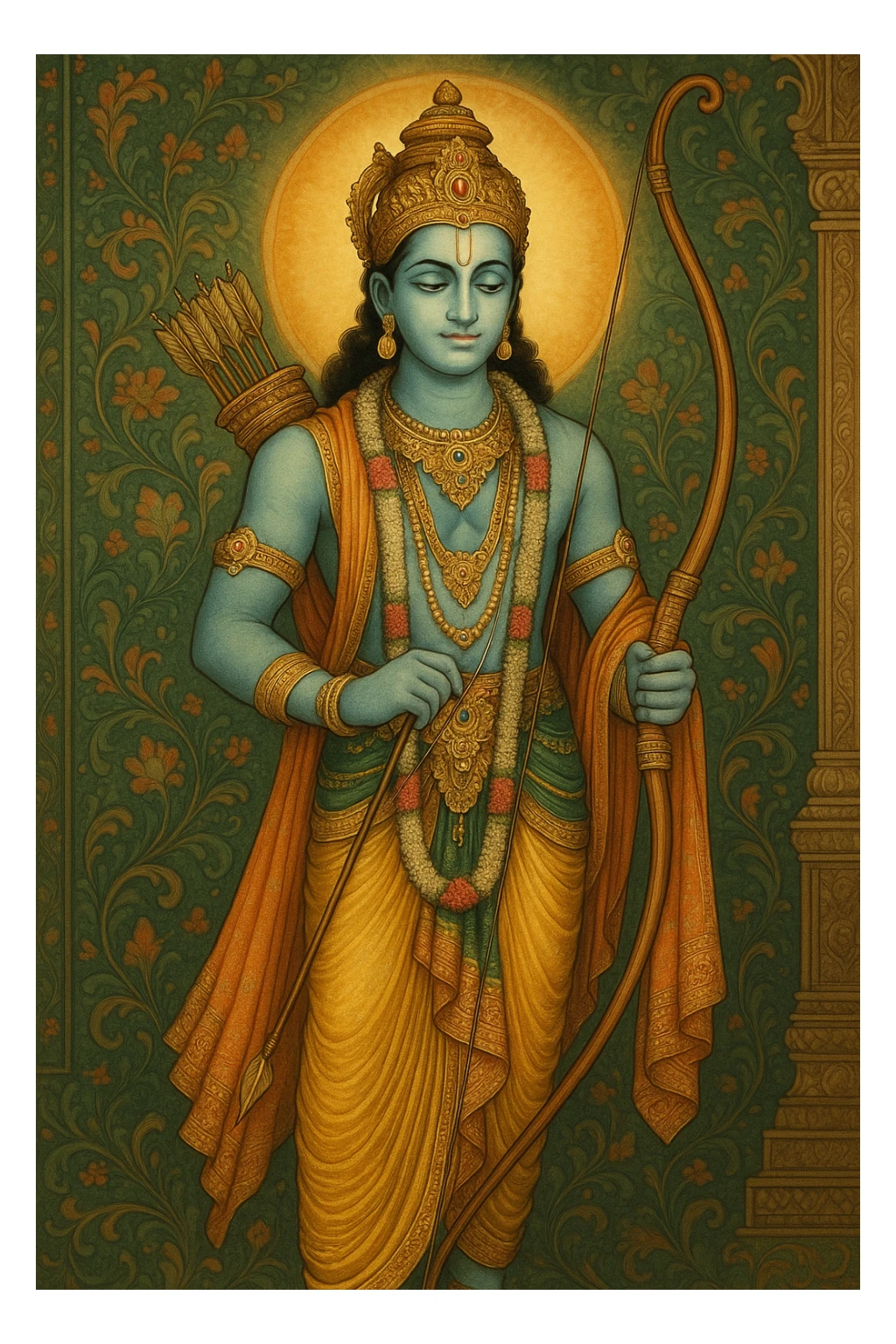 Lord Srirama in traditional Indian attire, holding a bow, serene expression, divine aura, intricate jewelry, standing pose, vibrant colors, detailed background, inspired by Indian mythology sticker