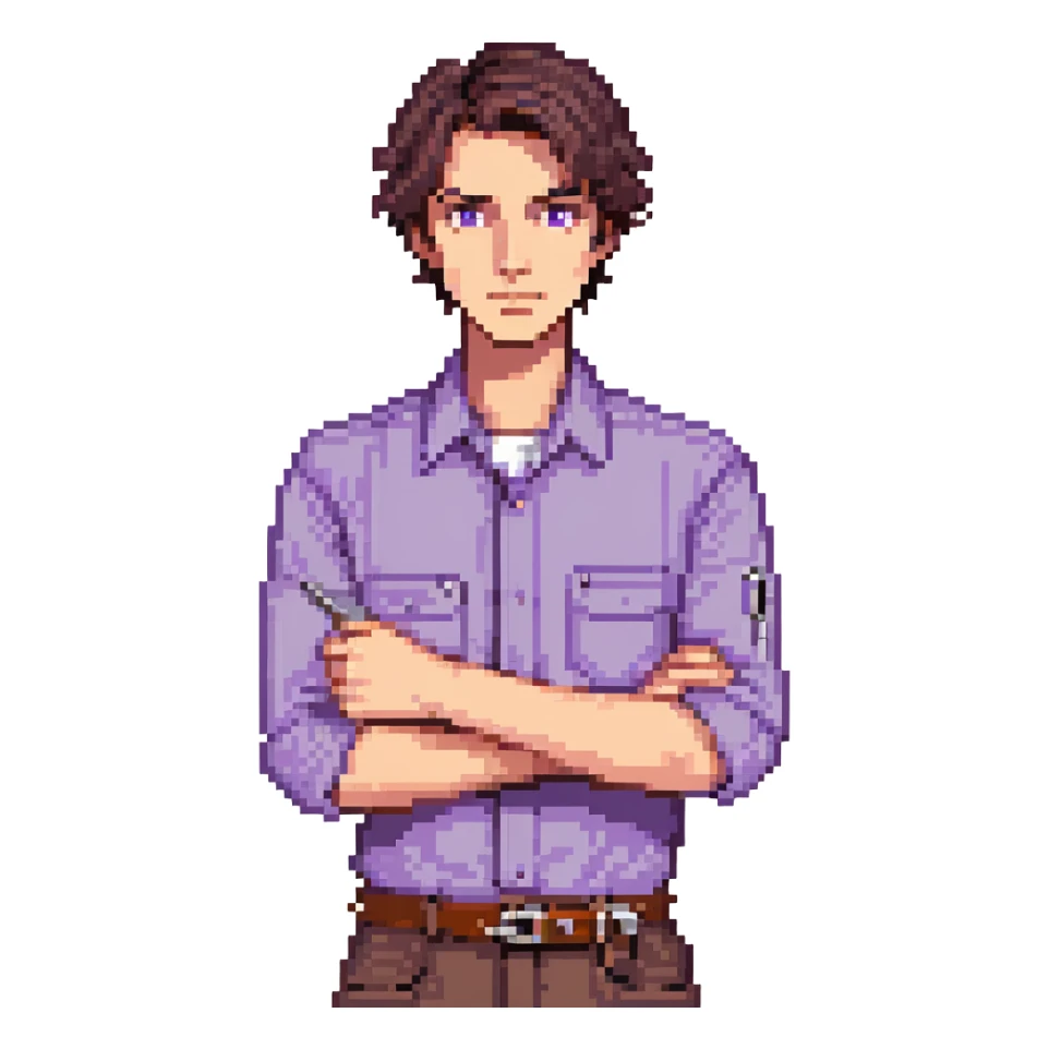 Focused male tinkerer, Caucasian features, short dark brown hair, sharp gray eyes, neutral expression, wearing violet work shirt with rolled-up sleeves, holding a small wrench in one hand, waist-up, front-facing sticker