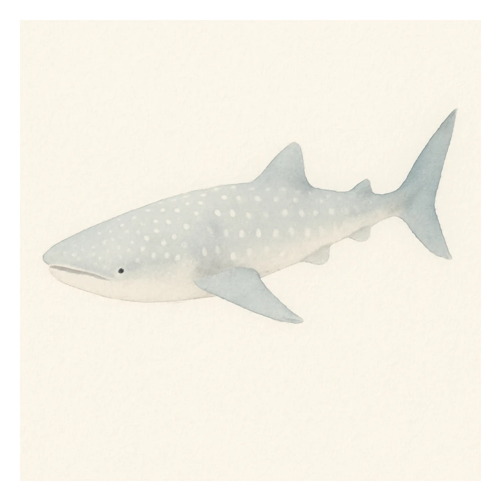 artistic watercolor whale shark, delicate brushwork, blue and gray palette, peaceful mood, oceanic setting sticker