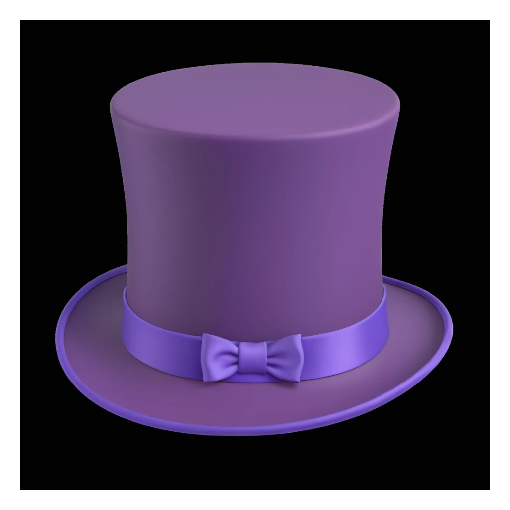 tall vintage-style purple top hat with smooth slightly glossy surface, wide brim, colorful satin ribbon around base, whimsical and elegant, inspired by Willy Wonka's iconic headwear, apple-style cartoon finish, soft shadows, clean white background sticker