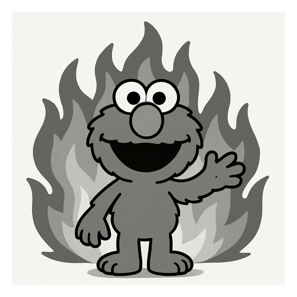 Elmo character with fire in the background, minimal and flat design sticker