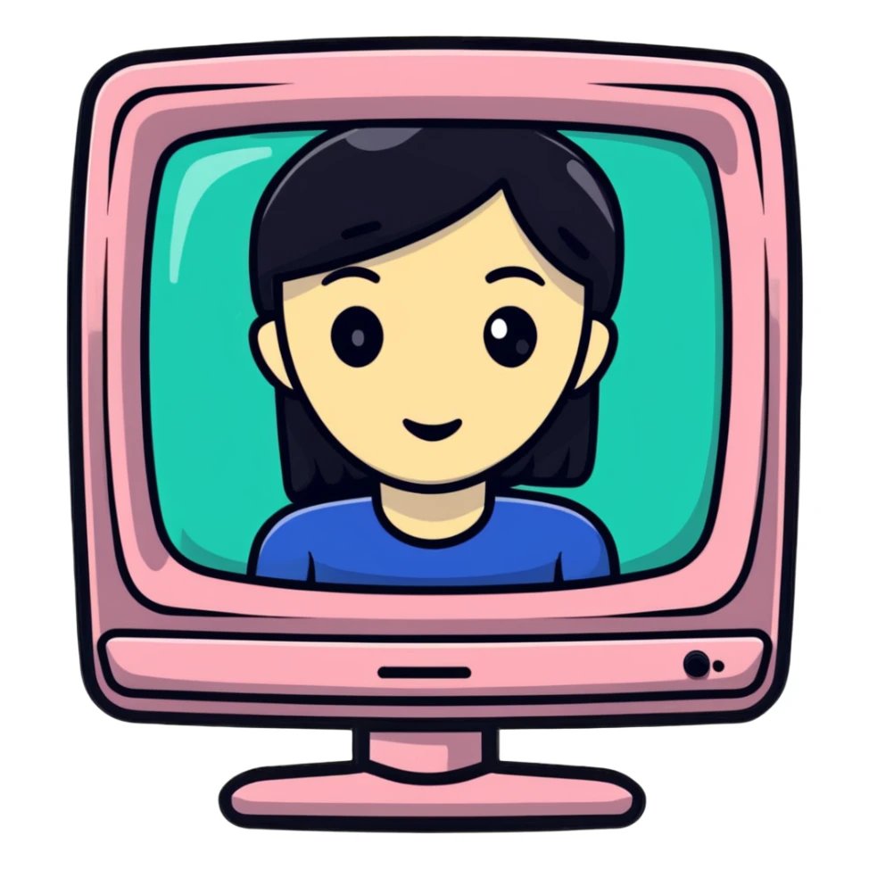 Thick feminine figure with TV screen head, digital face displayed on screen sticker