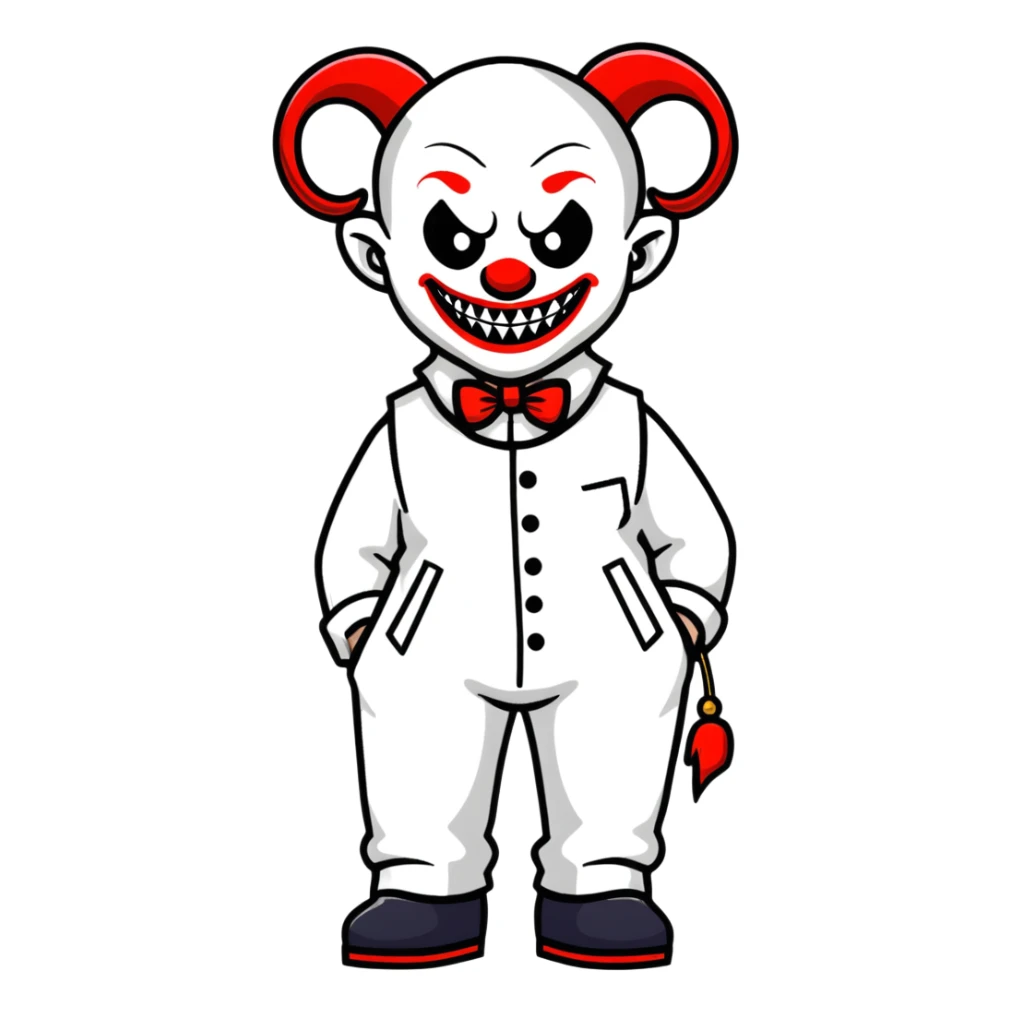 full-body demonic clown in a white leisure suit with bellbottom pants, bald, black ram horns, wearing elevator shoes sticker