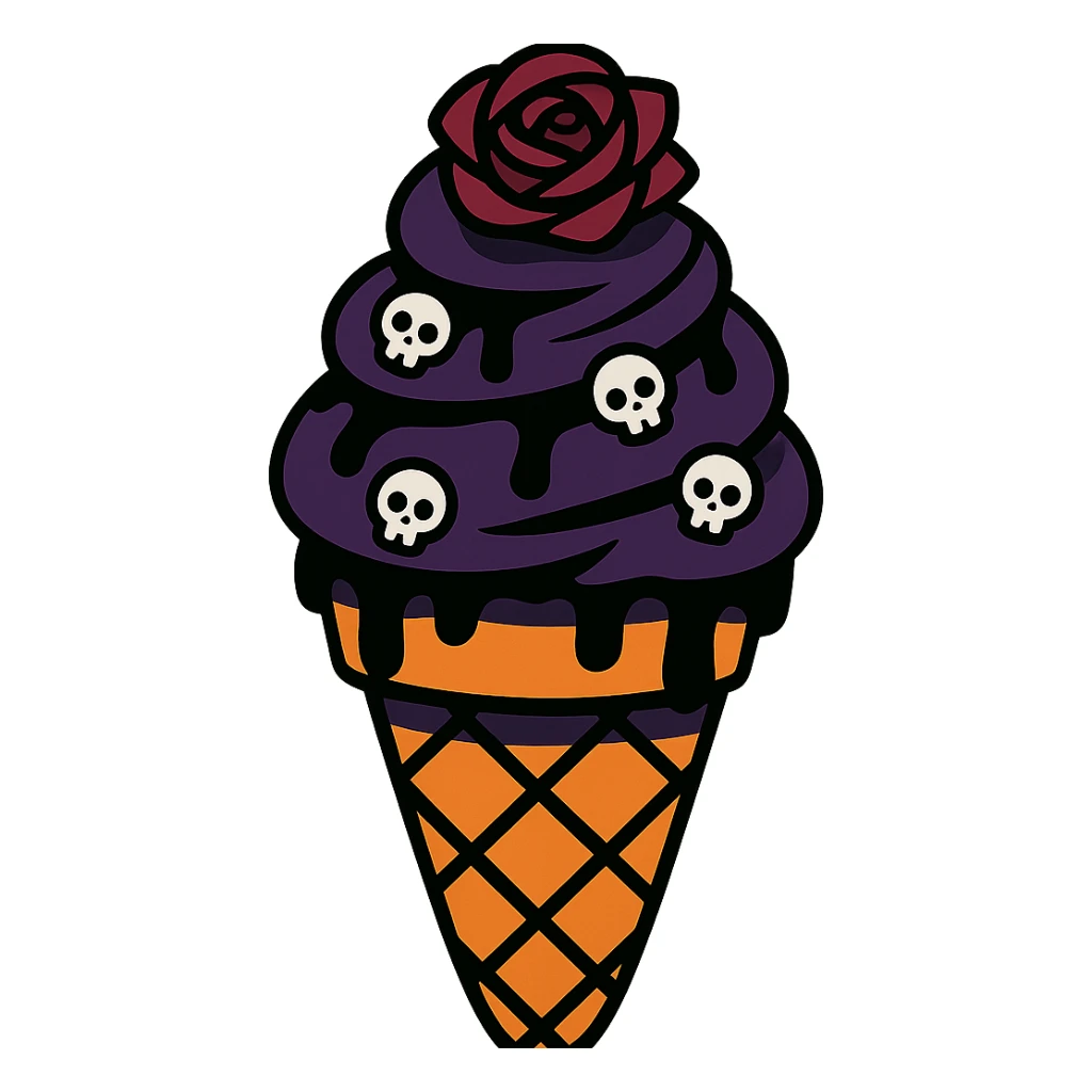 Gothic ice cream with black chocolate drizzle, tiny skull sprinkles, and a dark rose on top, no background, in a vibrant toon style. sticker