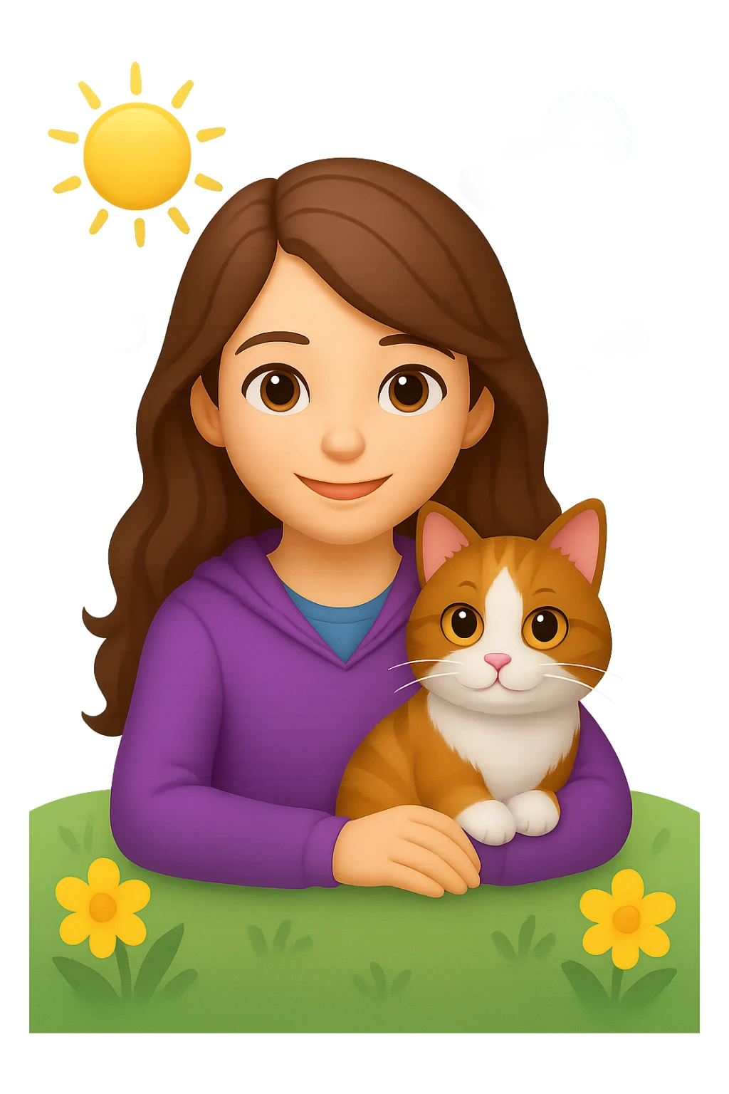 Add a simple, cheerful background to the scene with a girl with long, wavy brown hair, brown eyes, purple clothes, sitting with a three-color cat, in emoji style. sticker