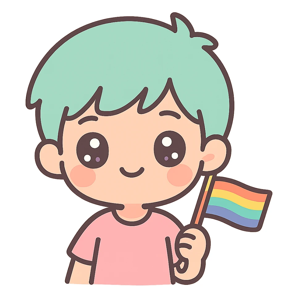 anime boy with short hair, holding a small pride flag, expressive eyes, vibrant colors sticker