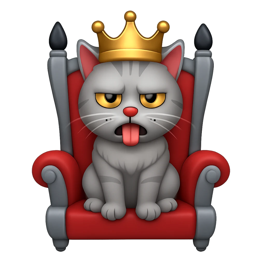 A gray cat with a black nose sitting on a throne looking at the world with disgust, emoji style, with a crown sticker