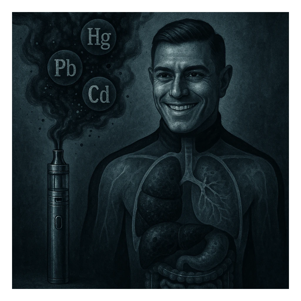 A stylized and unsettling electronic cigarette releasing dark metallic smoke filled with toxic particles. Within the smoke, symbols of heavy metals (Pb, Hg, Cd) travel towards a transparent human body. Inside the body, the liver and intestines appear blackened or visibly clogged. The atmosphere is dark, medical-symbolic style with cold metallic colors, conveying a strong and disturbing visual message. The face is inspired by the reference photo provided. sticker