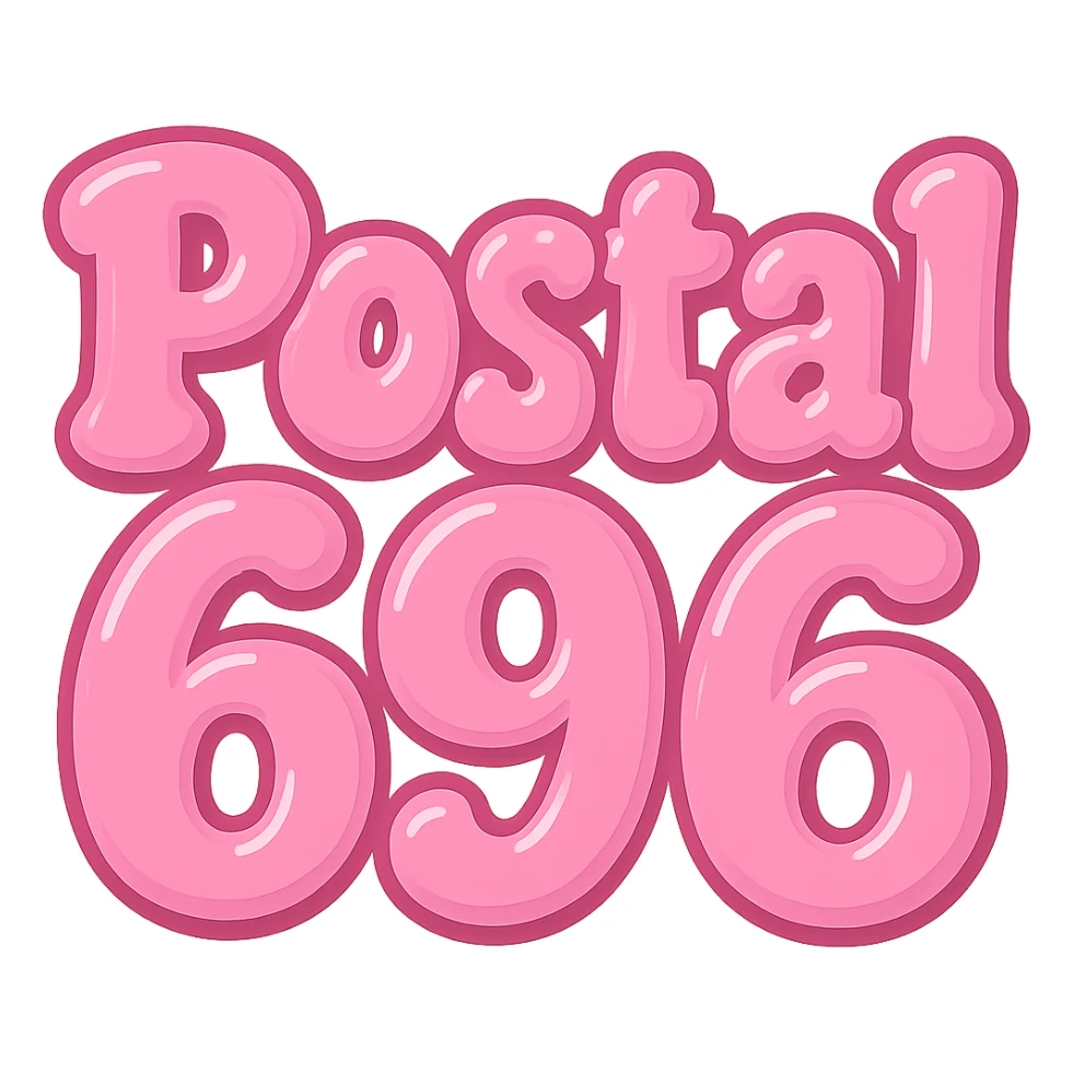 Change the font color to pink for 'Postal 696', keeping the extra puffy bubble letter style, whimsical and lighthearted, with a transparent background. Maintain the playful and bubbly appearance of the letters. sticker
