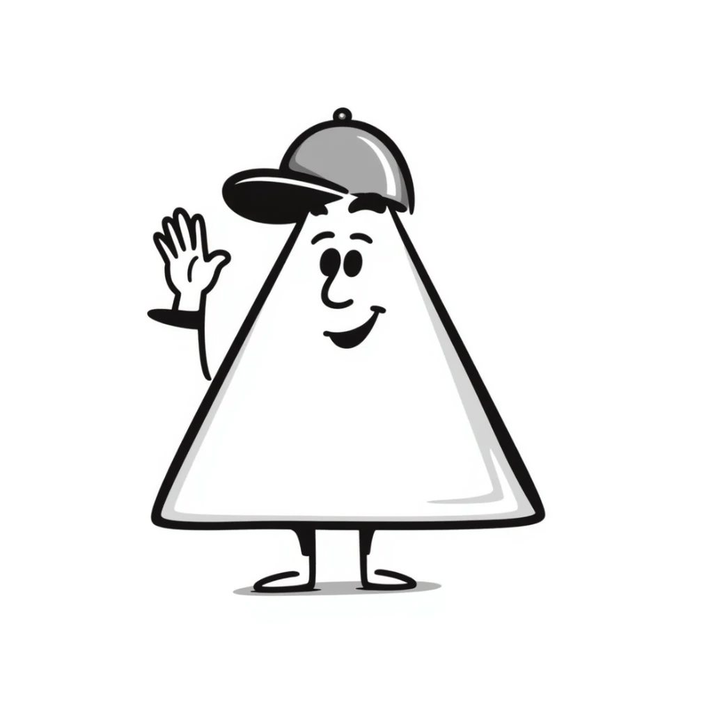 A magical isosceles triangle that is smiling and saluting with a cap sticker