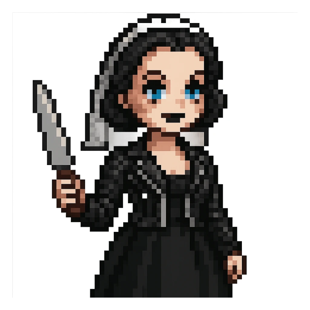 Make Chucky’s bride doll hold a knife, keep her in a black dress and leather jacket with dark makeup, pixel art style sticker